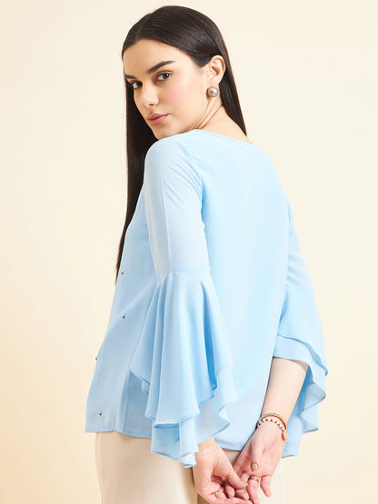 Gipsy Women Solid Embellishment Polyester Blue Grey Top