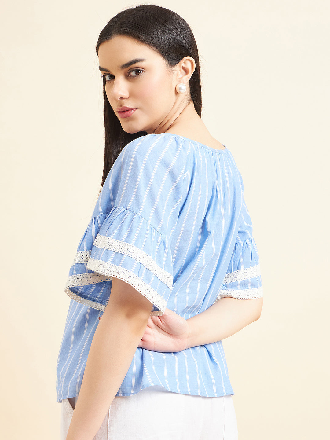 Gipsy Women Print Lace Cotton Blue Top