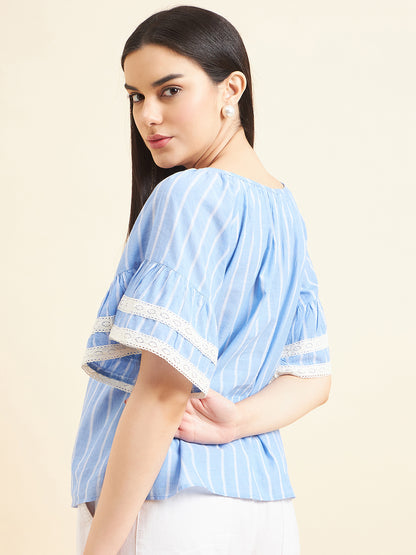 Gipsy Women Print Lace Cotton Blue Top