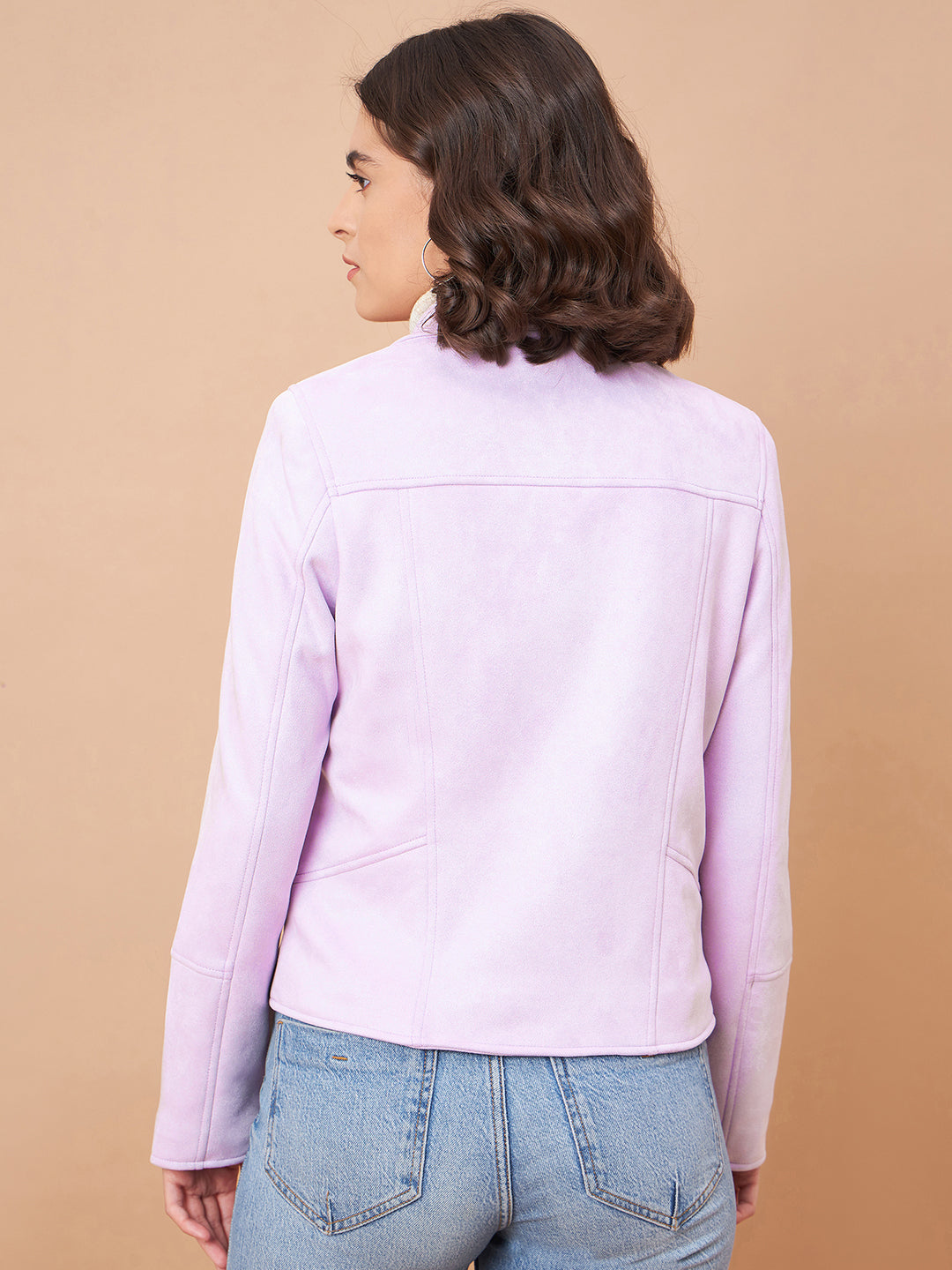 Gipsy Women Spread Collar Short Full Sleeves Suede Fabric Lavender Jackets