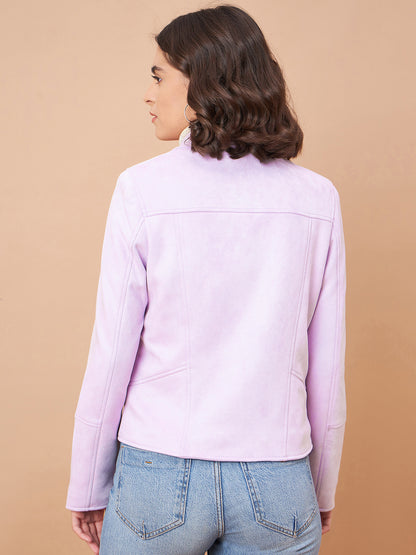 Gipsy Women Spread Collar Short Full Sleeves Suede Fabric Lavender Jackets
