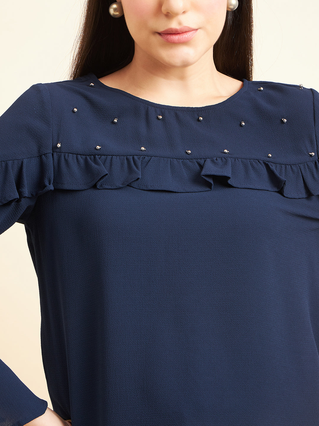 Gipsy Women Solid Embellishment Polyester Navy Top