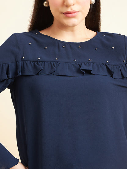 Gipsy Women Solid Embellishment Polyester Navy Top