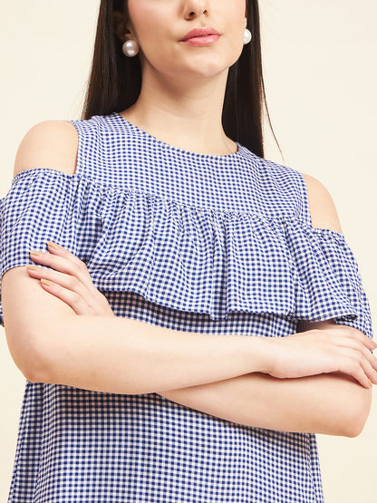 Gipsy Women Solid Frill Cotton Mini Royal Blue Dress