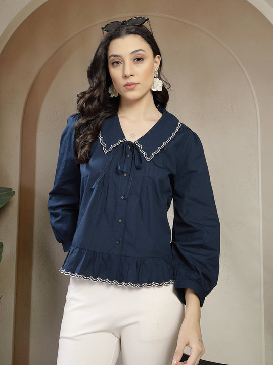 Gipsy Navy Cotton Blouse with Peter pan Collar