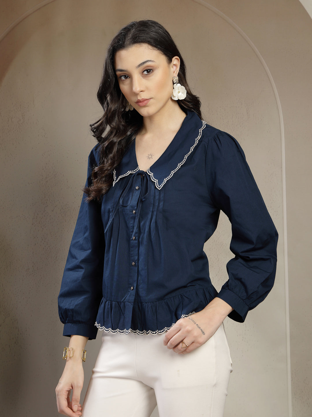 Gipsy Navy Cotton Blouse with Peter pan Collar