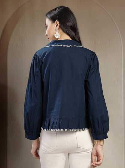 Gipsy Navy Cotton Blouse with Peter pan Collar
