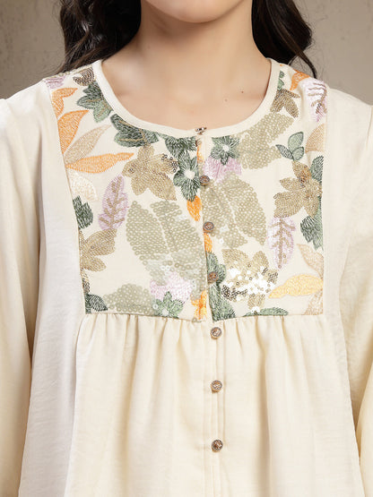 Gipsy Beige Tunic with Metal Engraved Buttons, Cuff and Yoke Embroidery
