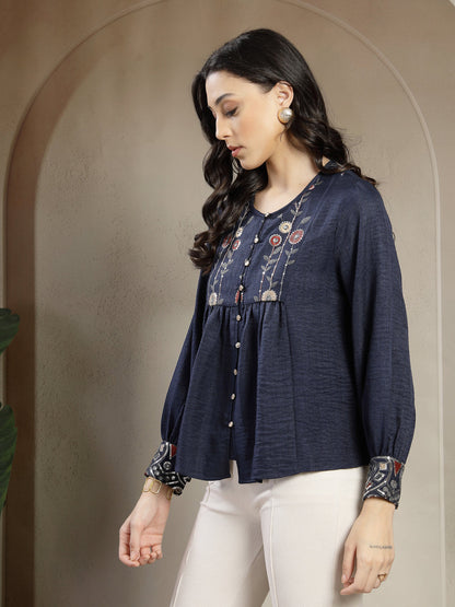 Gipsy Navy Tunic with Metal Engraved Buttons, Cuff and Yoke Embroidery