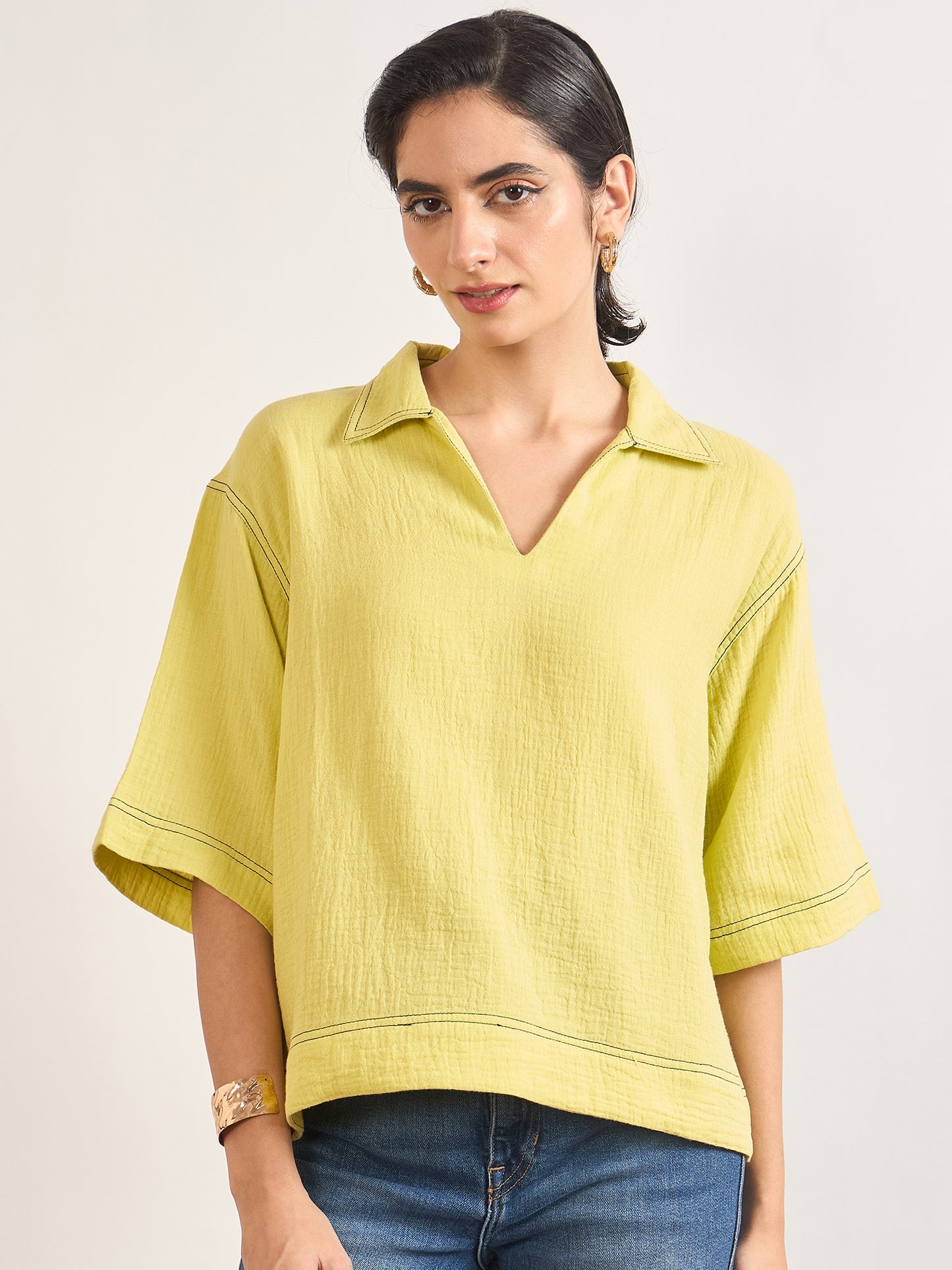 Lime Green Cotton A-Line Threadwork Blouse