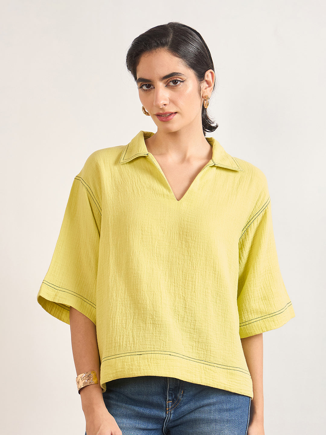 Lime Green Cotton A-Line Threadwork Blouse