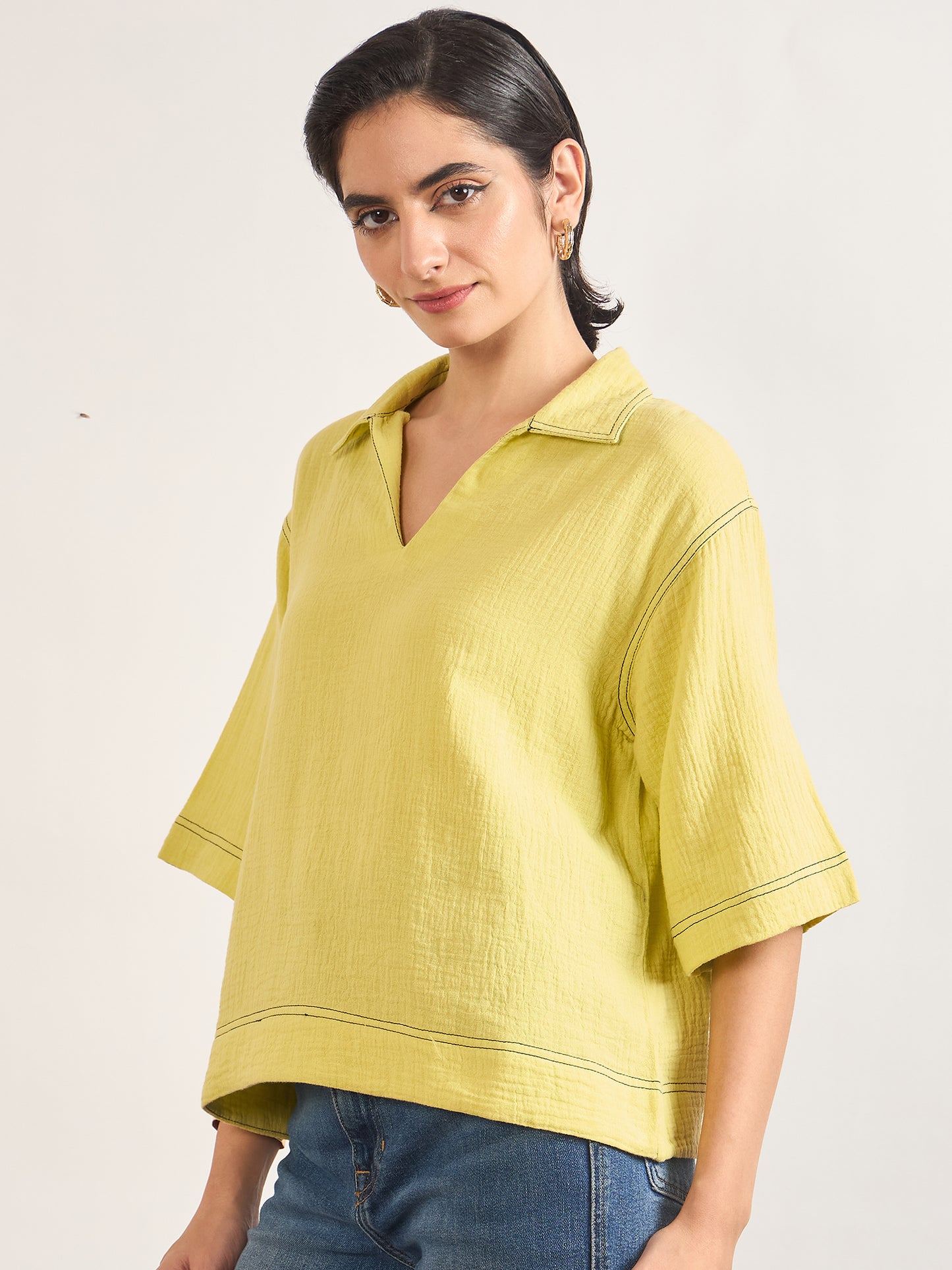 Lime Green Cotton A-Line Threadwork Blouse