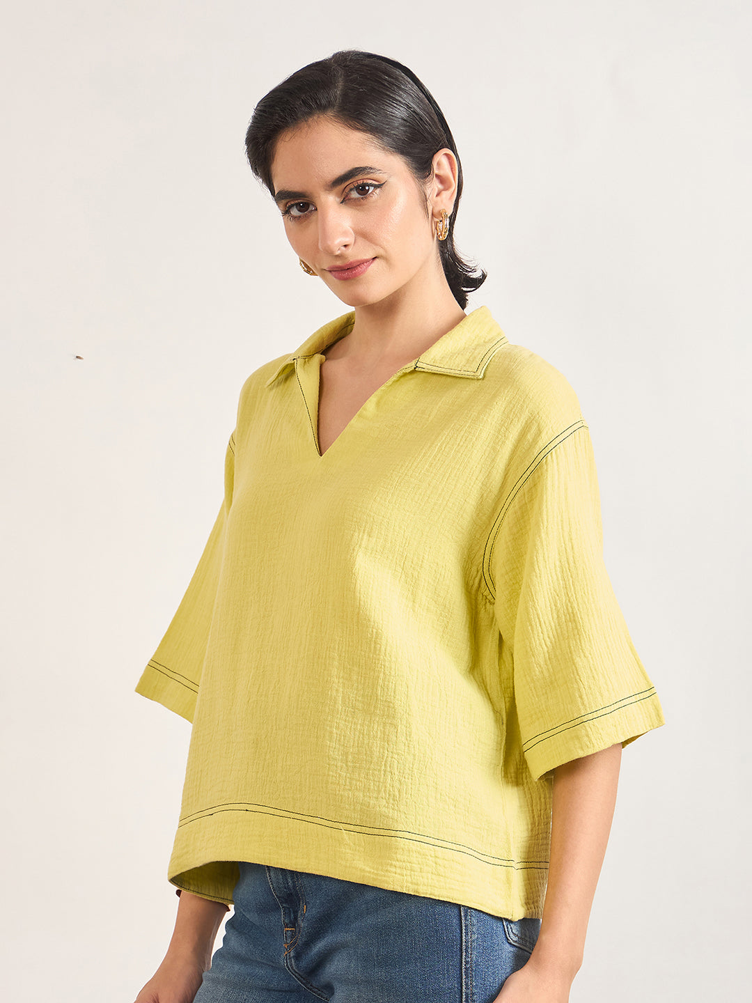 Lime Green Cotton A-Line Threadwork Blouse