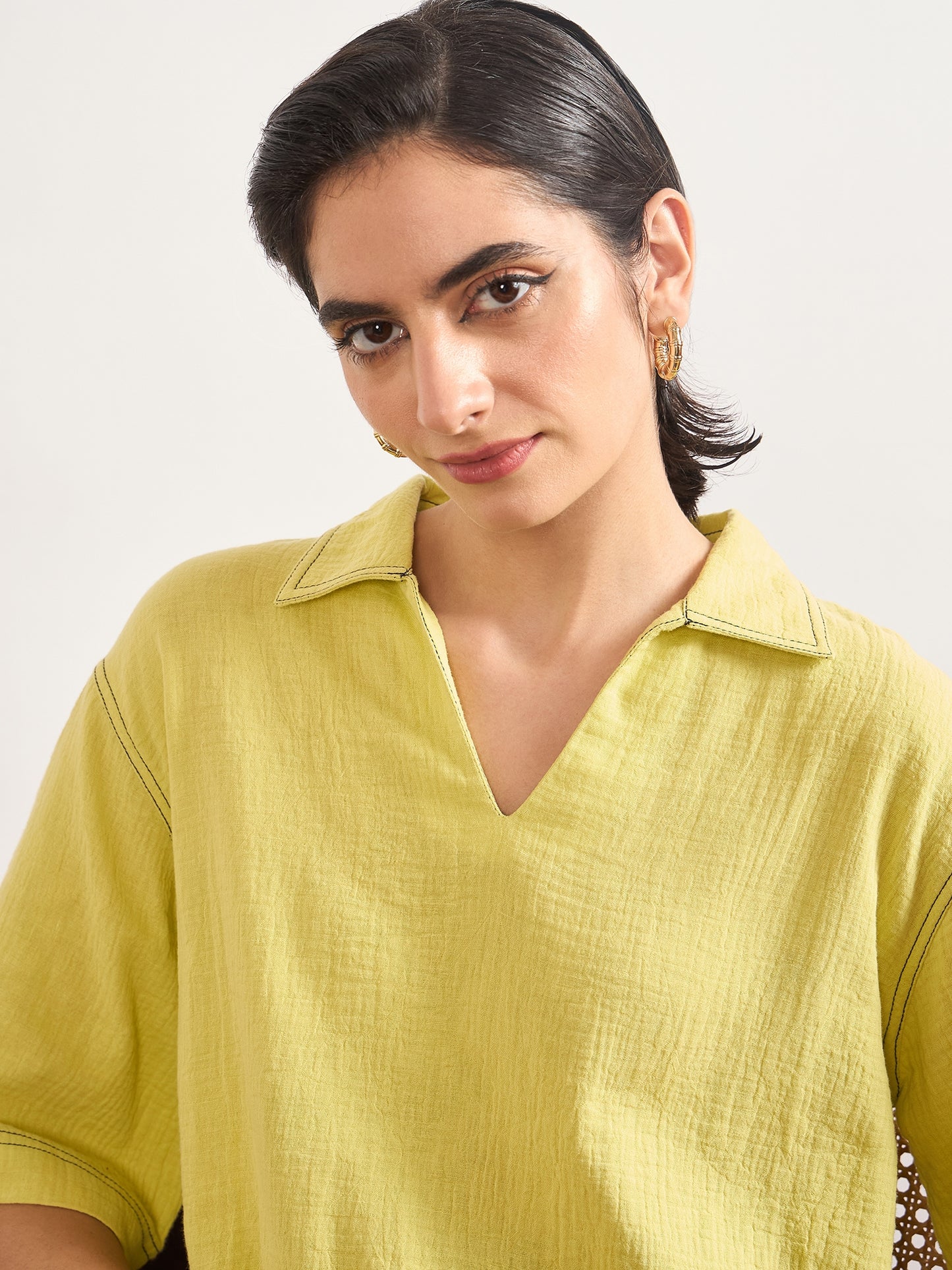 Lime Green Cotton A-Line Threadwork Blouse