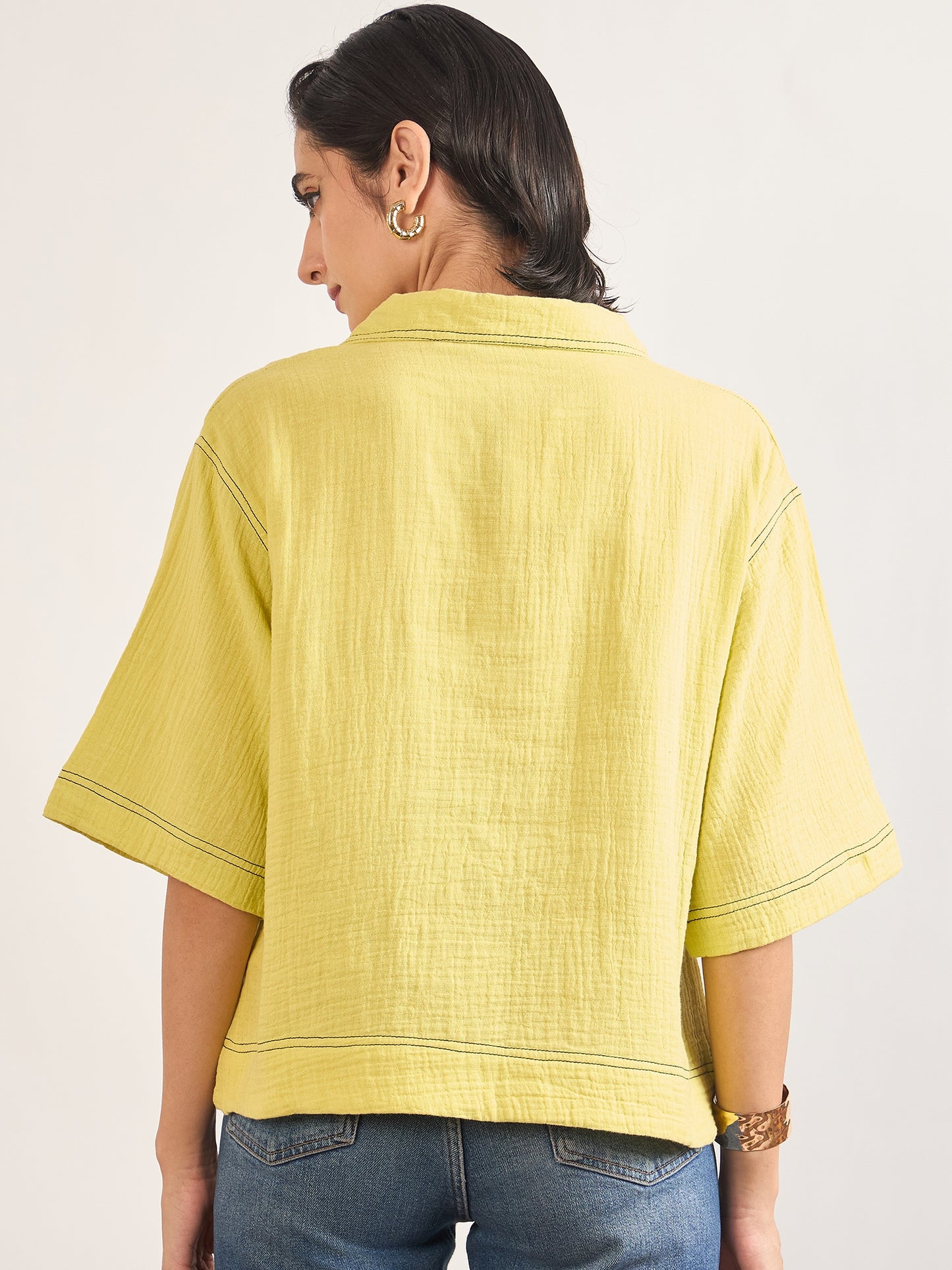Lime Green Cotton A-Line Threadwork Blouse