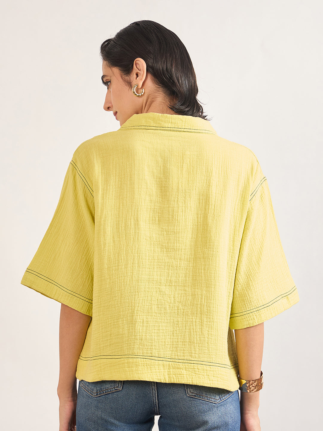 Lime Green Cotton A-Line Threadwork Blouse