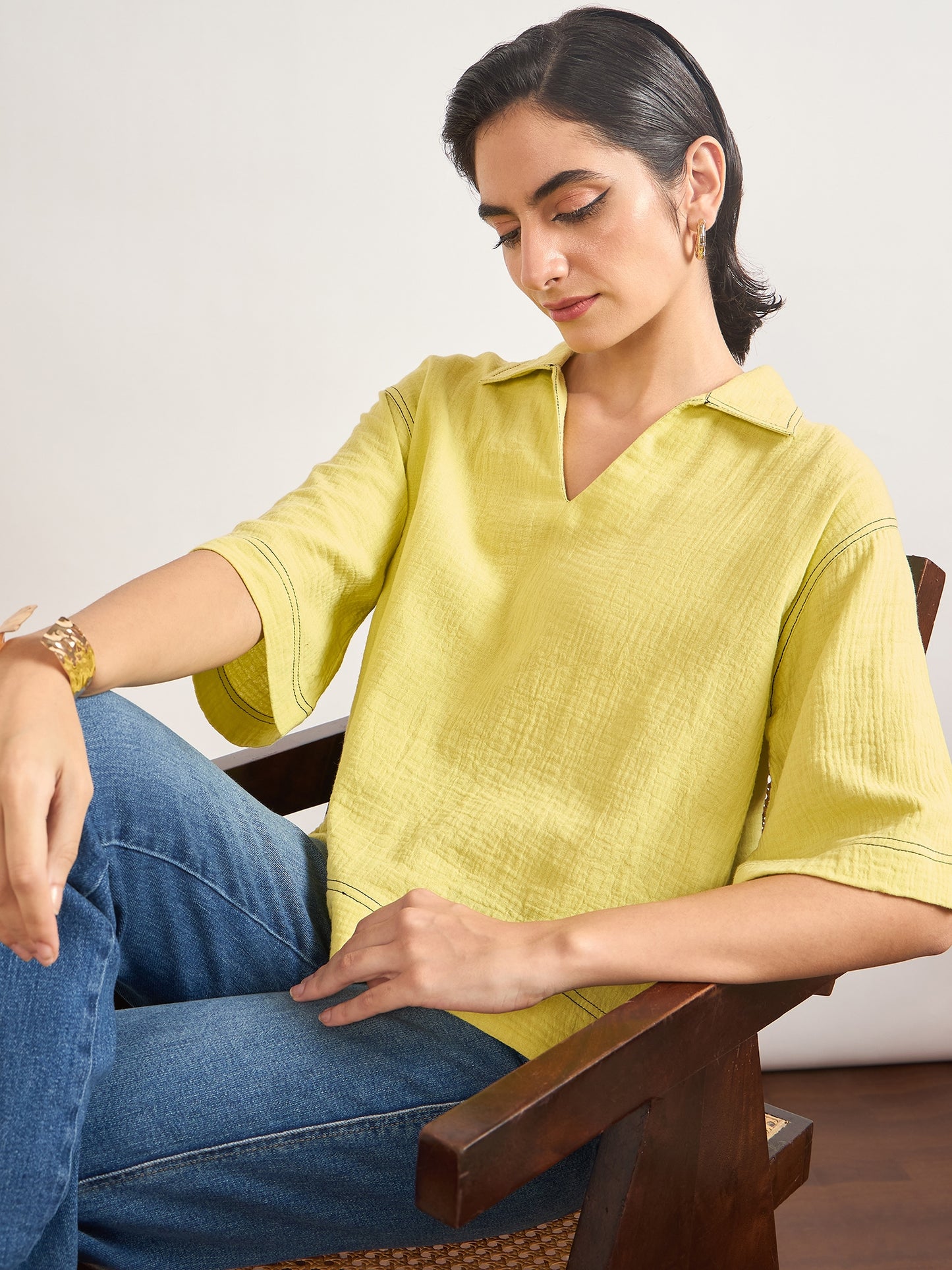 Lime Green Cotton A-Line Threadwork Blouse