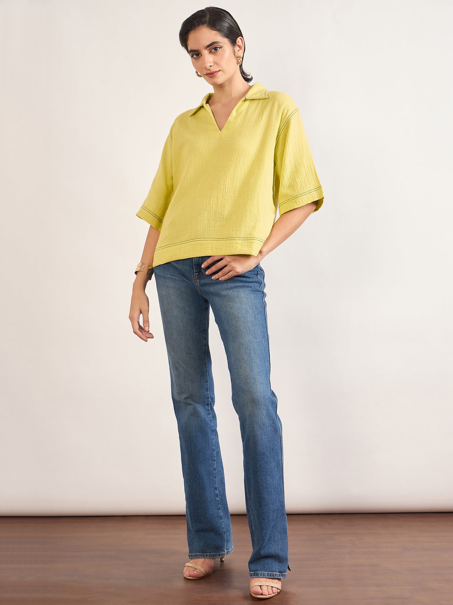 Lime Green Cotton A-Line Threadwork Blouse