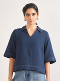Navy Cotton A-Line Threadwork Blouse