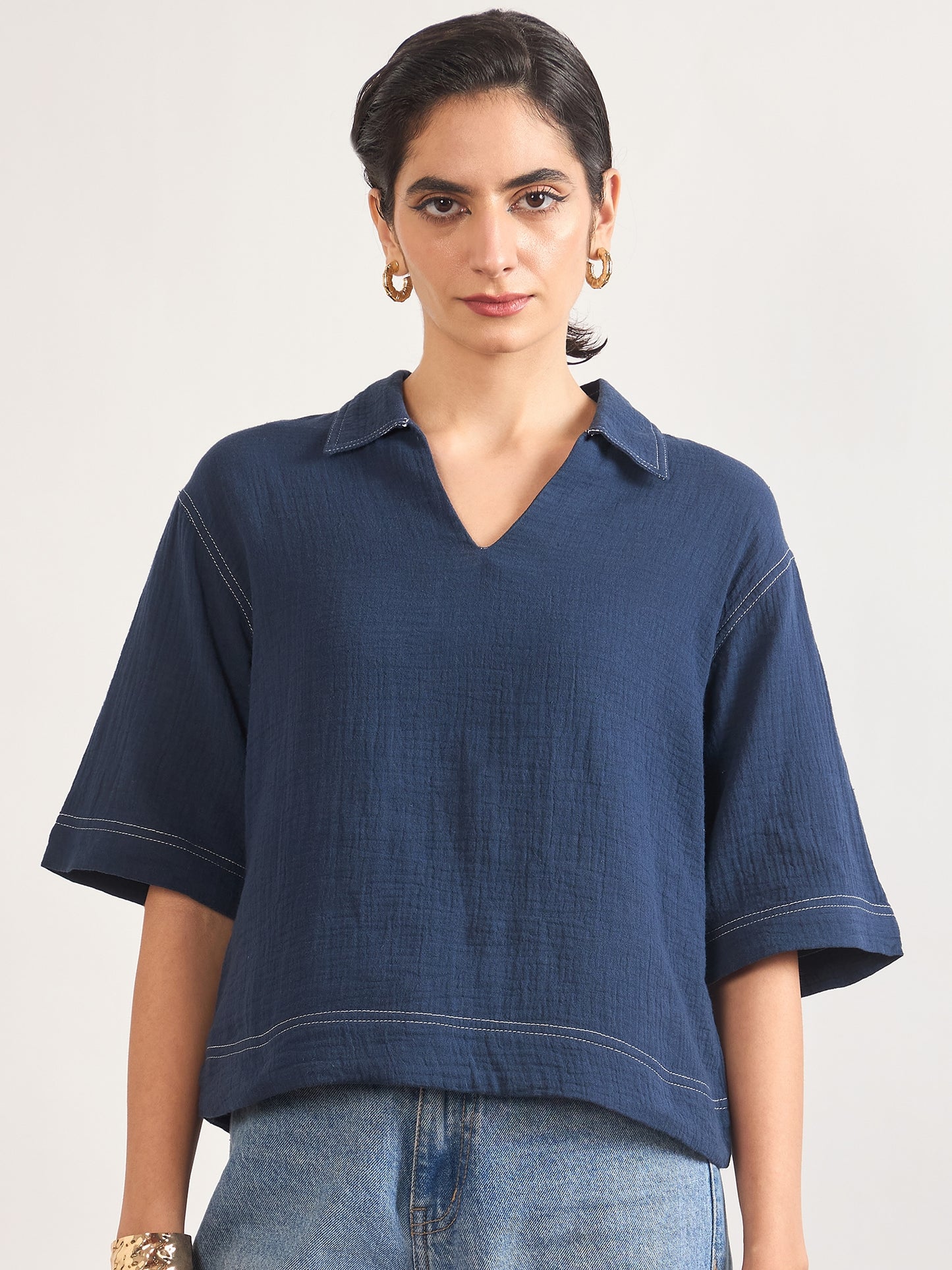 Navy Cotton A-Line Threadwork Blouse