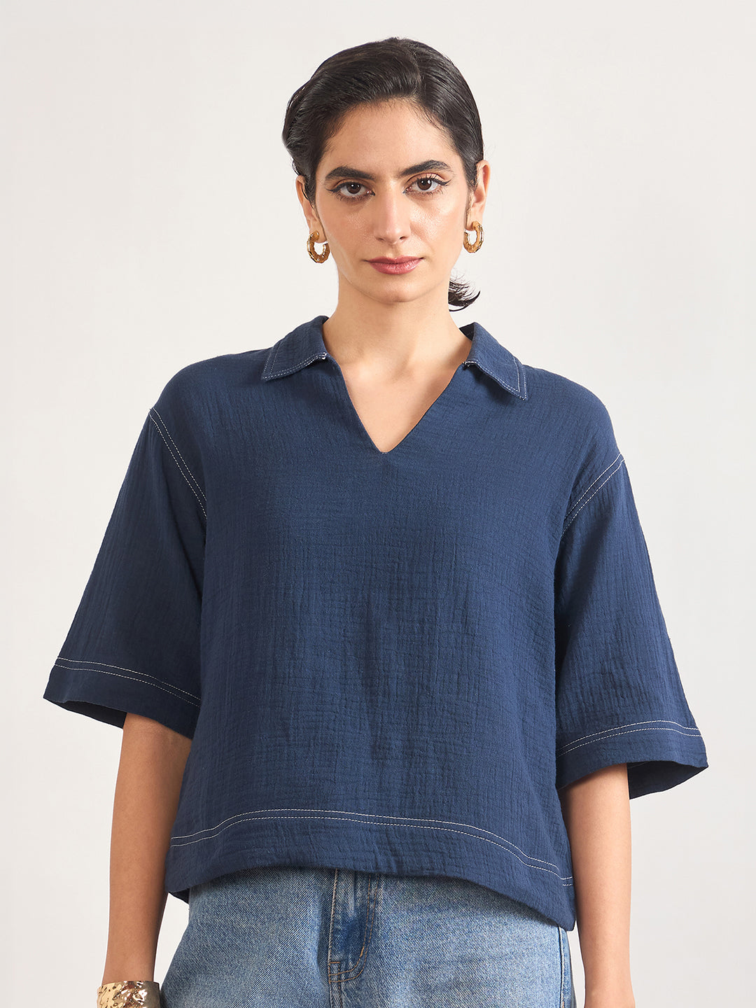 Navy Cotton A-Line Threadwork Blouse