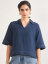 Navy Cotton A-Line Threadwork Blouse