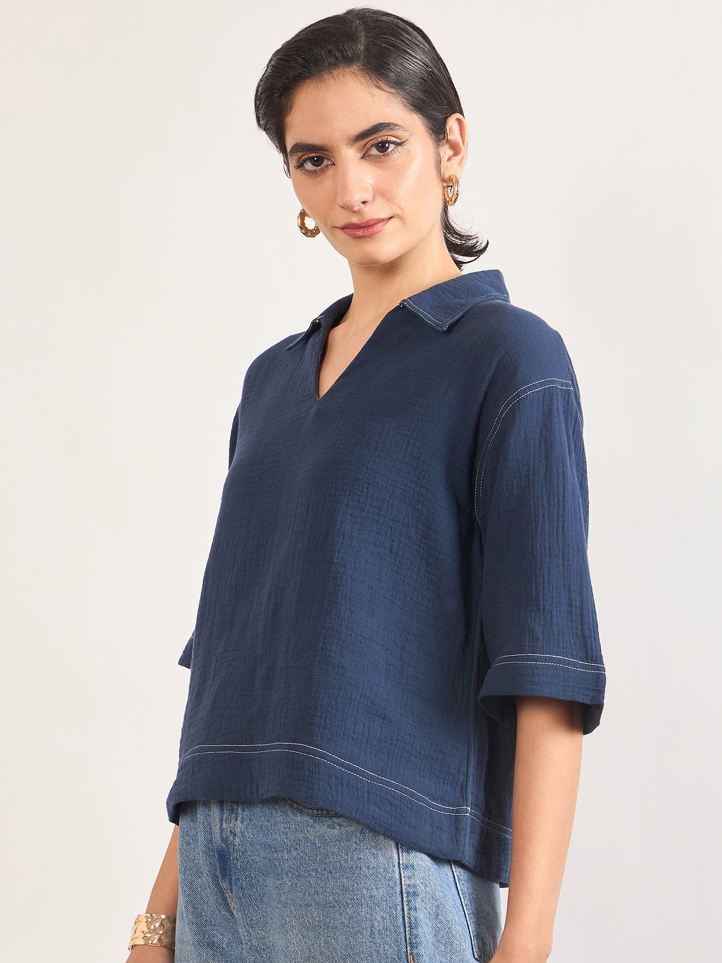 Navy Cotton A-Line Threadwork Blouse