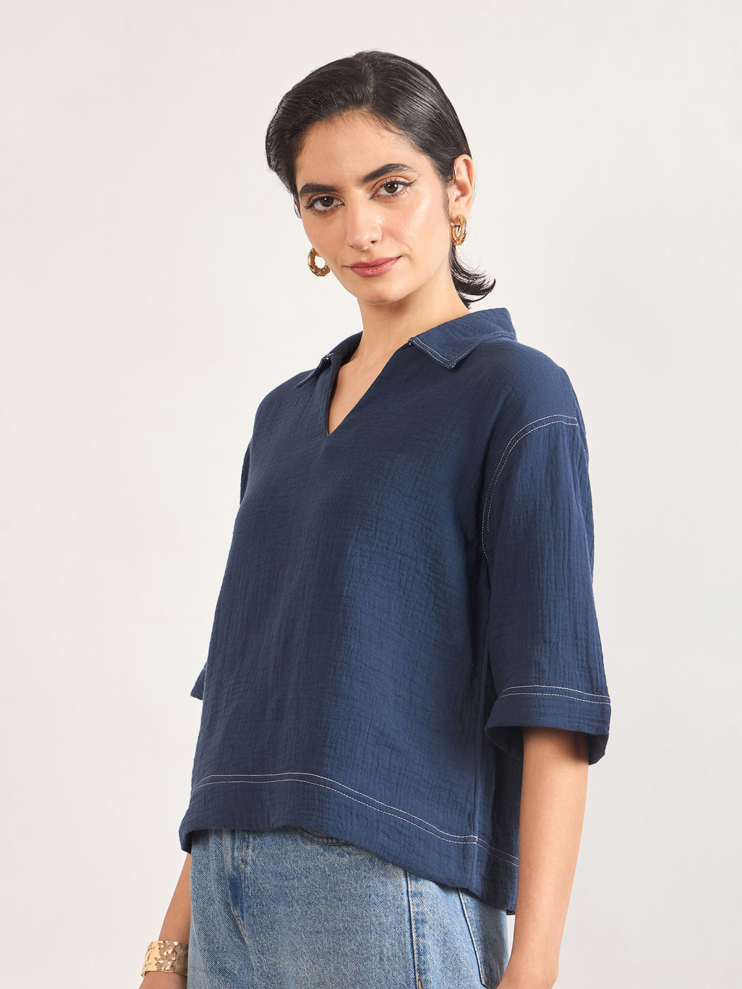 Navy Cotton A-Line Threadwork Blouse