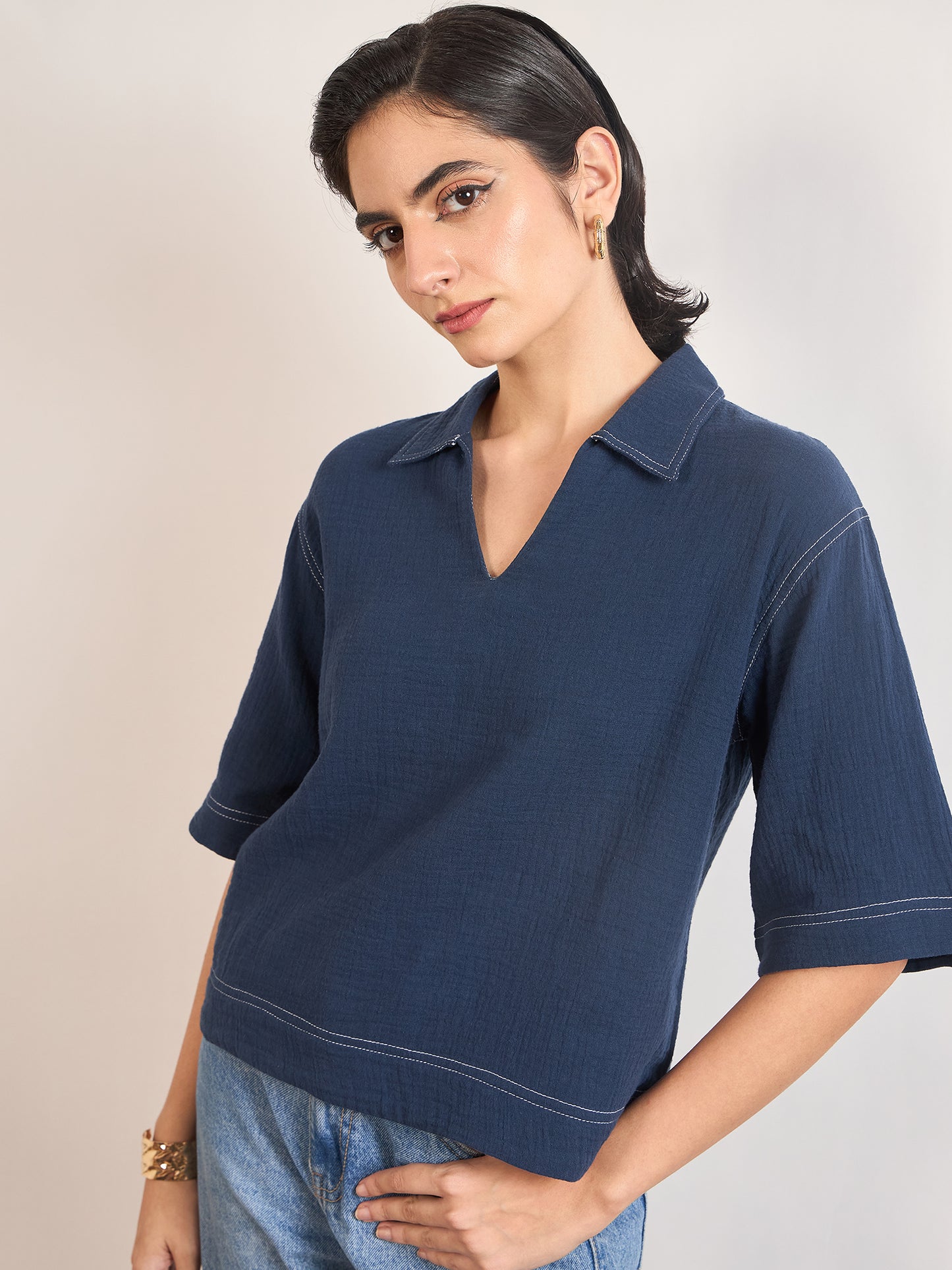 Navy Cotton A-Line Threadwork Blouse