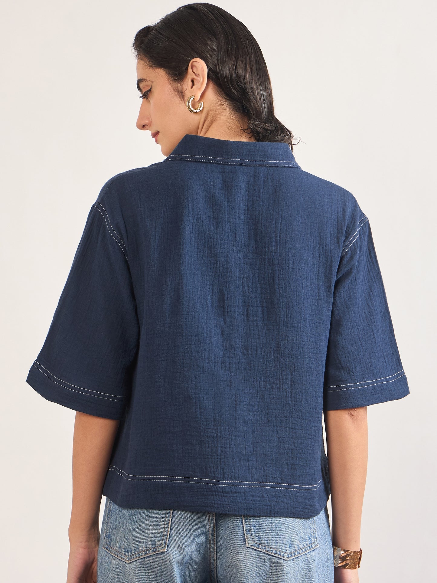 Navy Cotton A-Line Threadwork Blouse