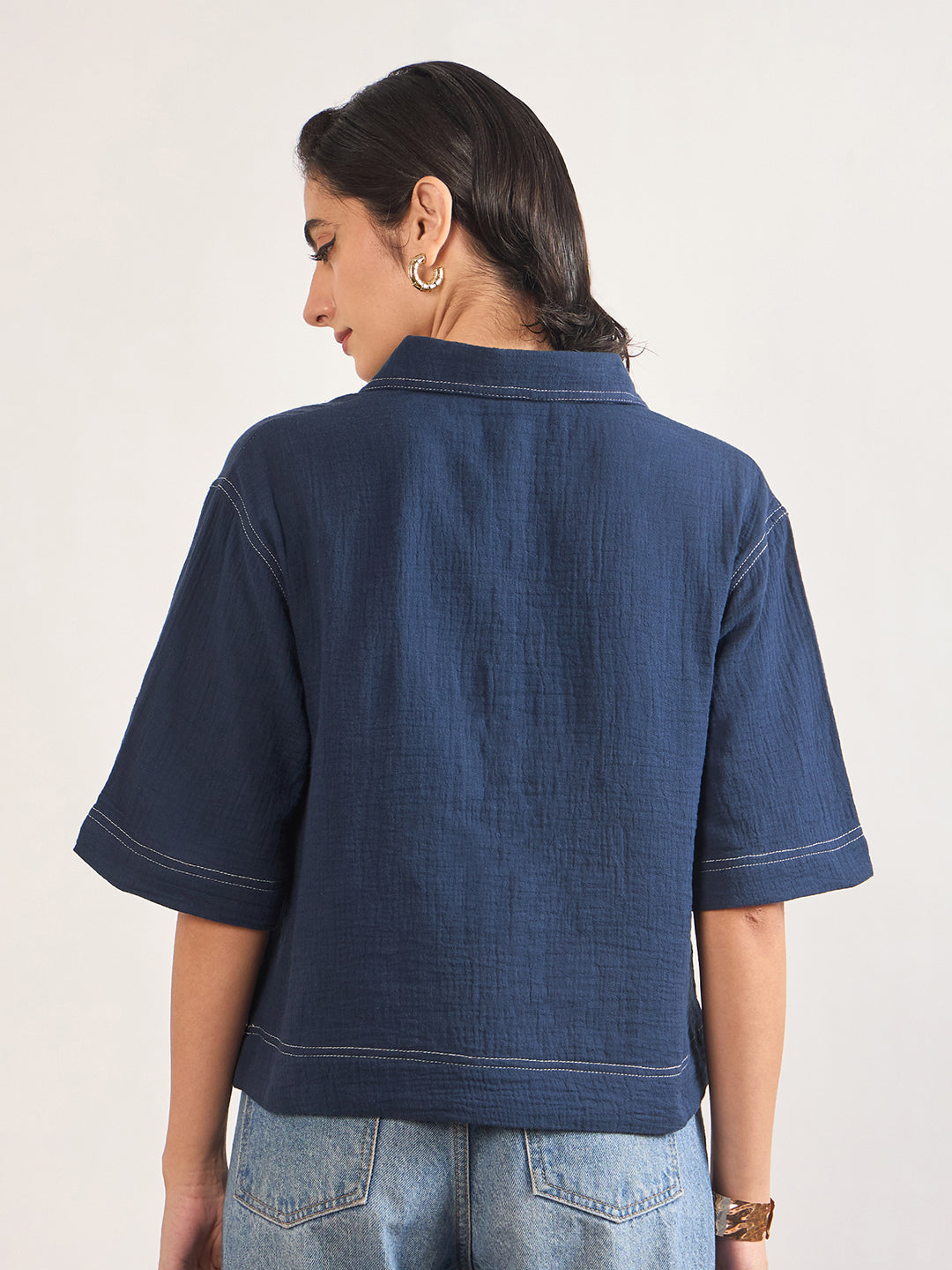 Navy Cotton A-Line Threadwork Blouse