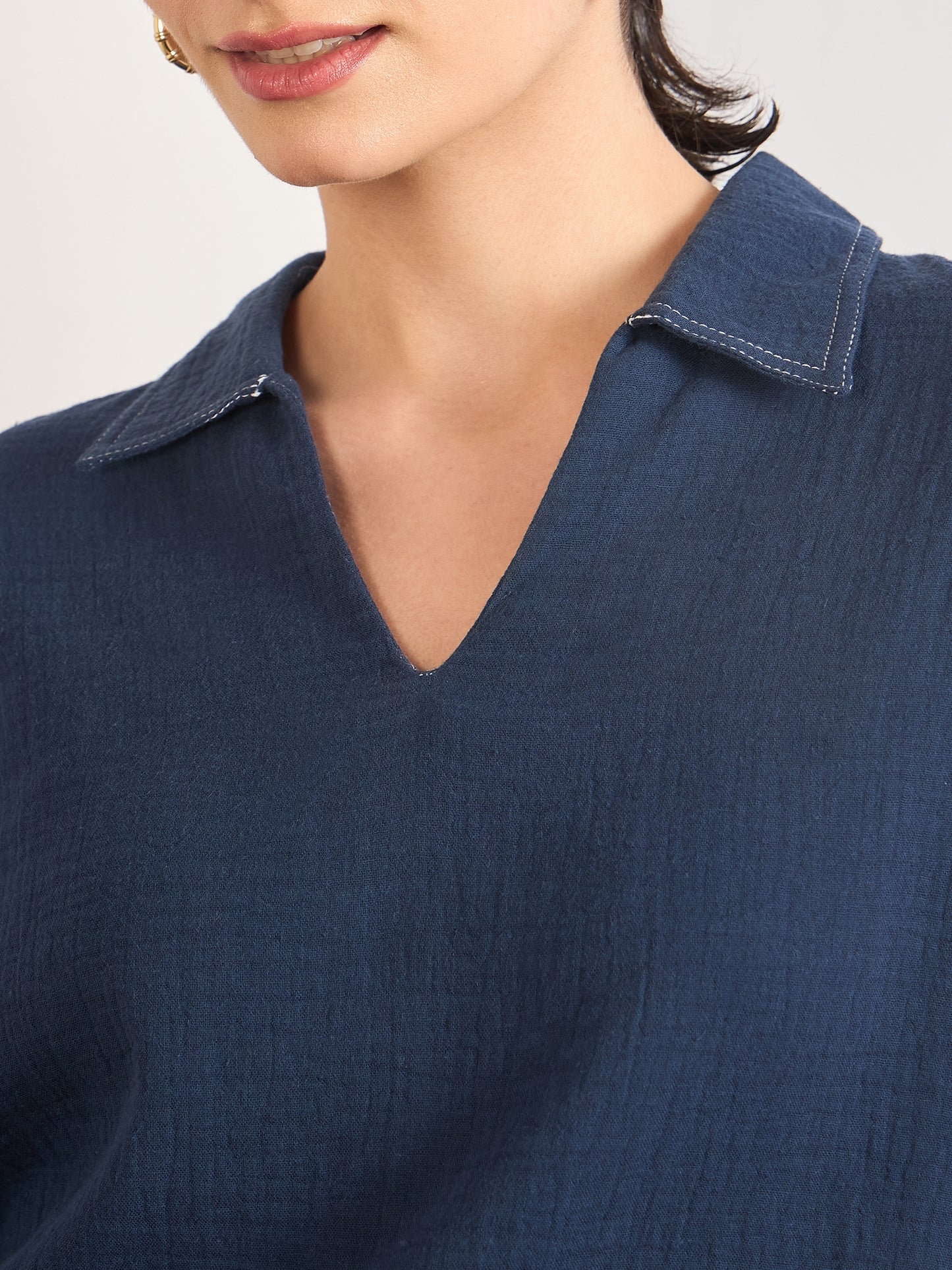 Navy Cotton A-Line Threadwork Blouse