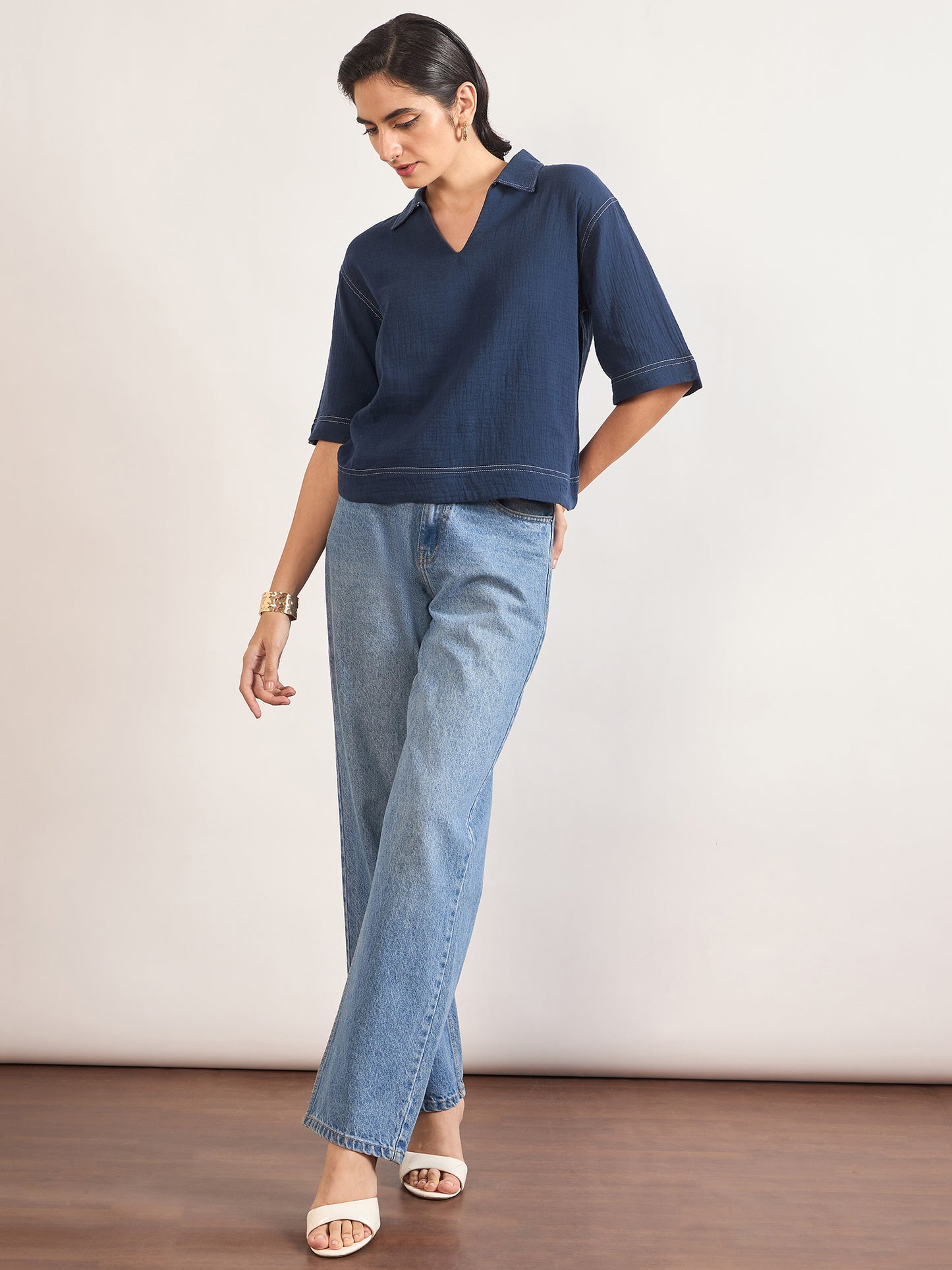 Navy Cotton A-Line Threadwork Blouse