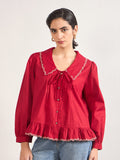 Red Peter Pan Collar A-Line Cotton Shirt