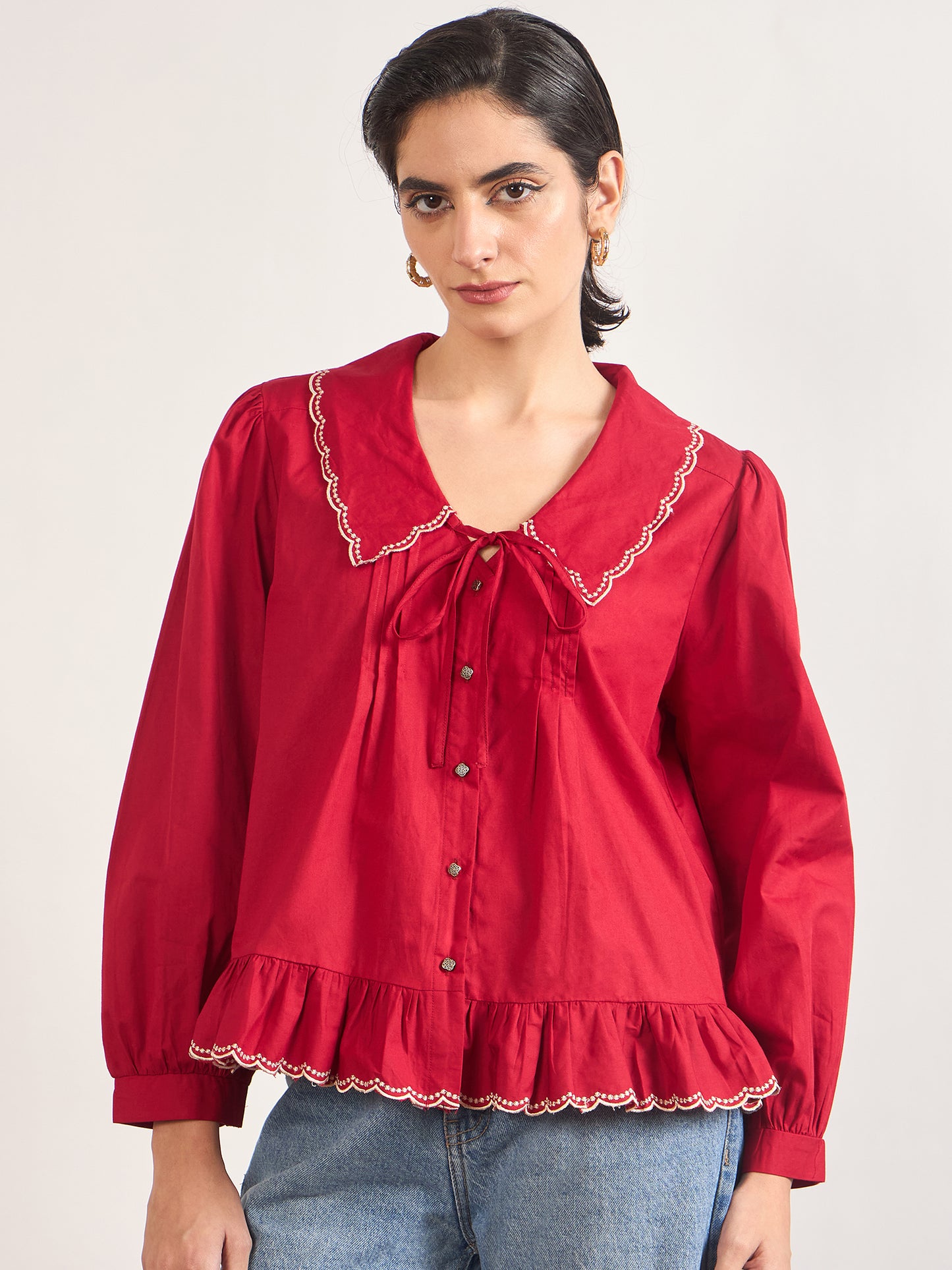 Red Peter Pan Collar A-Line Cotton Shirt