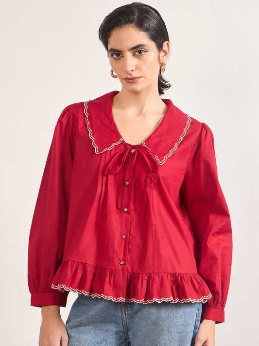 Red Peter Pan Collar A-Line Cotton Shirt