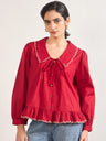 Red Peter Pan Collar A-Line Cotton Shirt