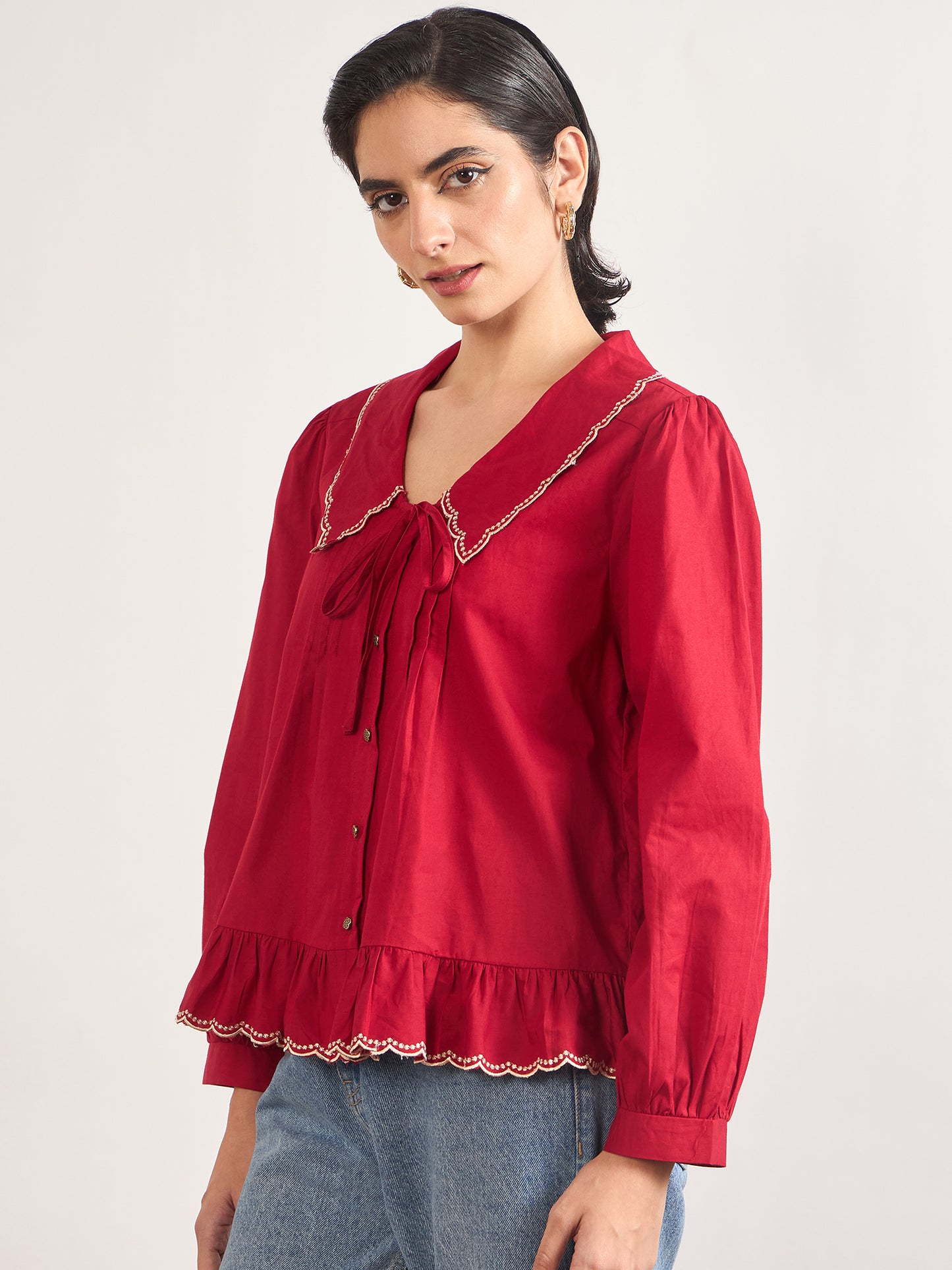 Red Peter Pan Collar A-Line Cotton Shirt