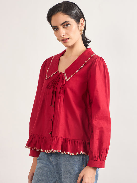 Red Peter Pan Collar A-Line Cotton Shirt