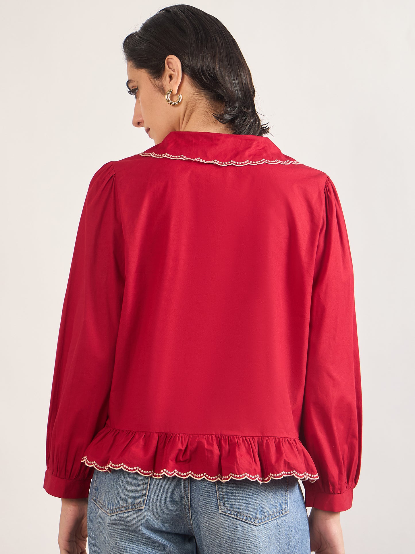 Red Peter Pan Collar A-Line Cotton Shirt