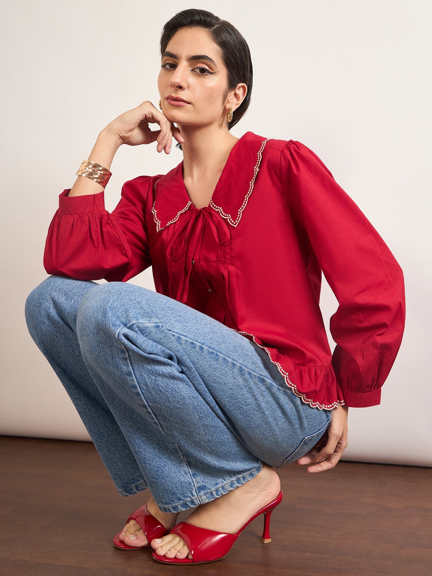 Red Peter Pan Collar A-Line Cotton Shirt