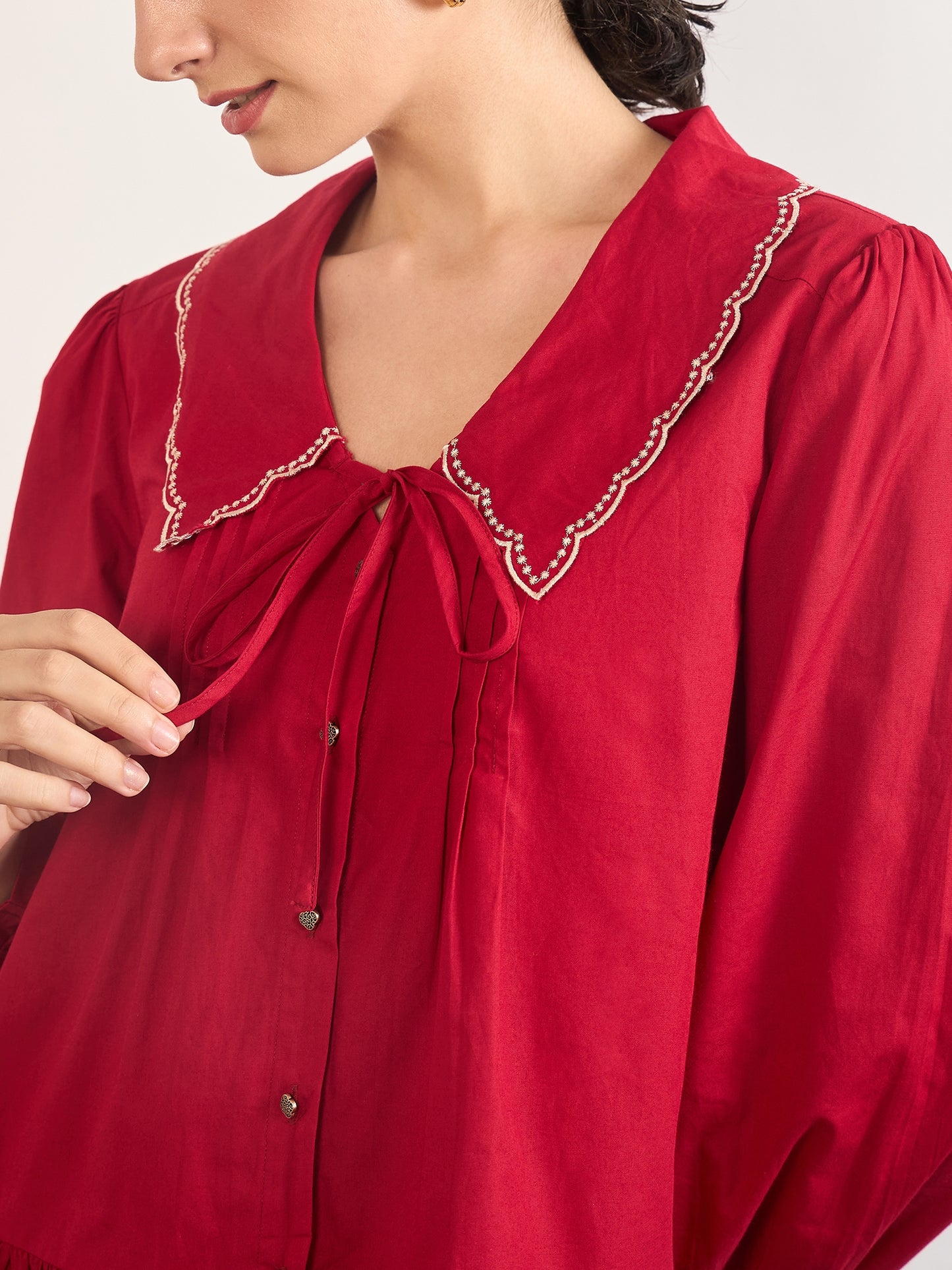 Red Peter Pan Collar A-Line Cotton Shirt