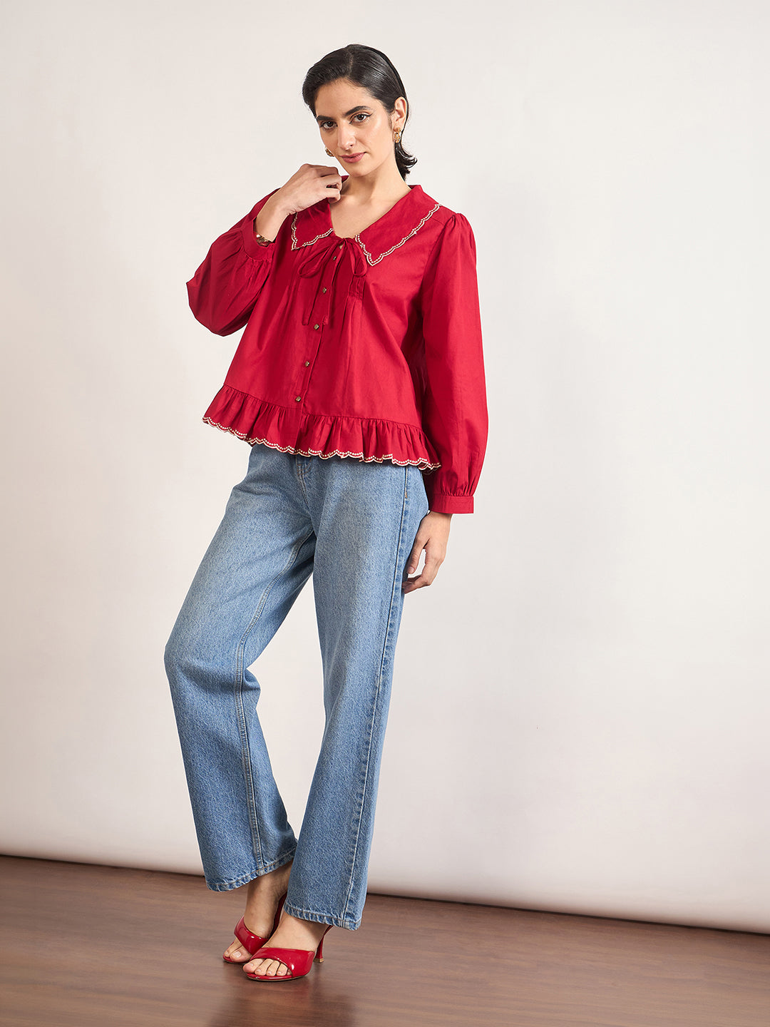 Red Peter Pan Collar A-Line Cotton Shirt