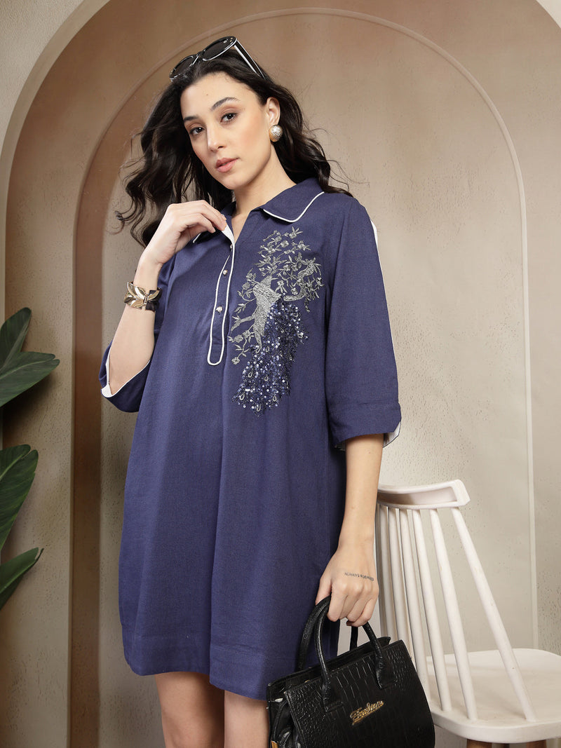 Gipsy Short Shift Dress with Classic Colar and Embellished Detailing