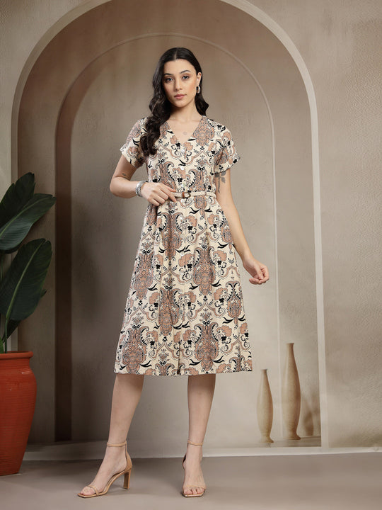 Gipsy Khaki Botanical Print Rayon A-line Dress with Circular Hemline