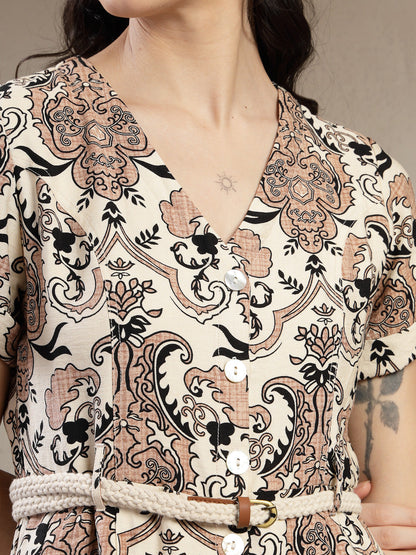 Gipsy Khaki Botanical Print Rayon A-line Dress with Circular Hemline