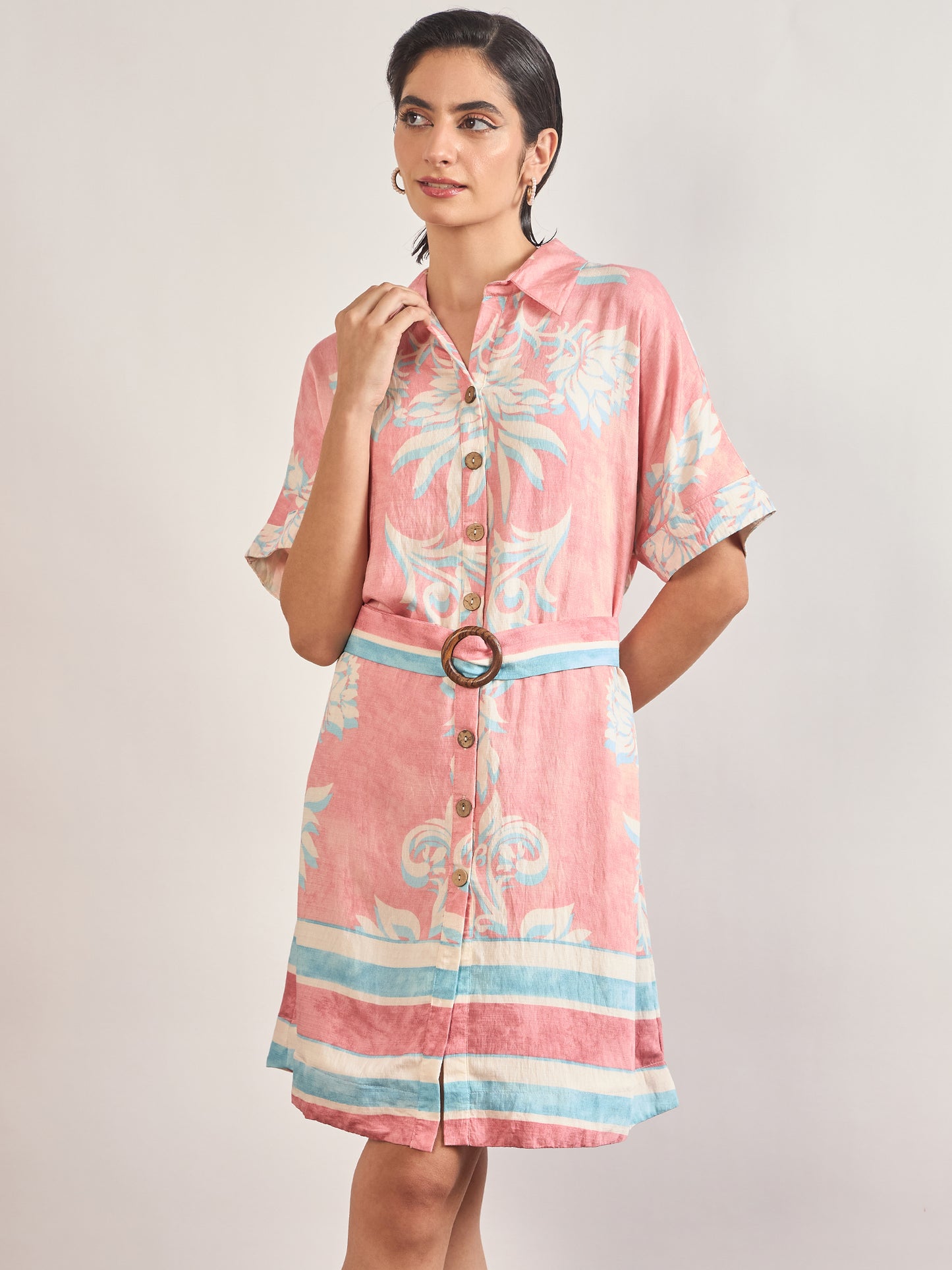 Pink Rayon Printed Classic Collar & Belt Shirt Dress