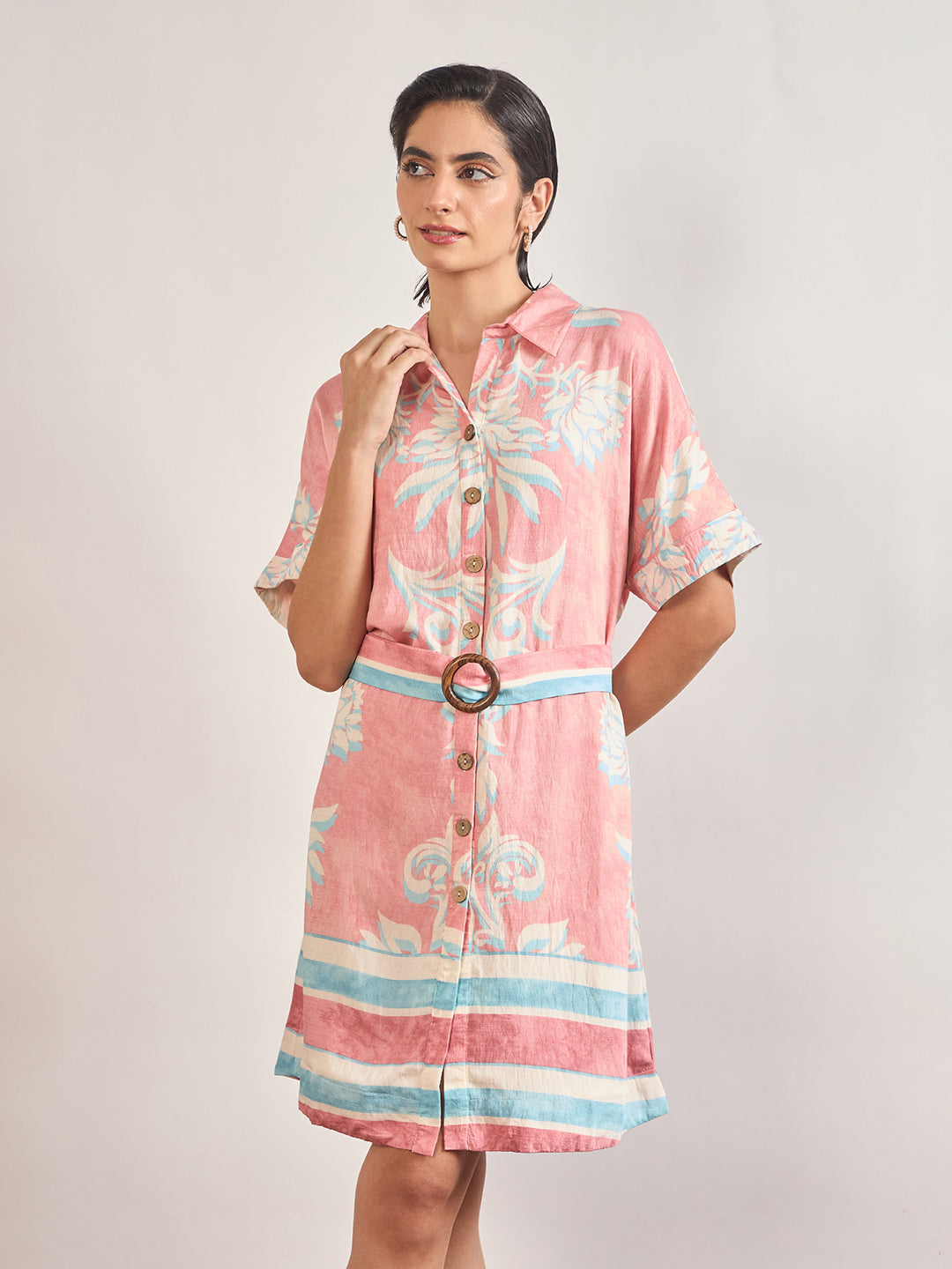 Pink Rayon Printed Classic Collar & Belt Shirt Dress