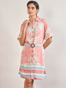 Pink Rayon Printed Classic Collar & Belt Shirt Dress