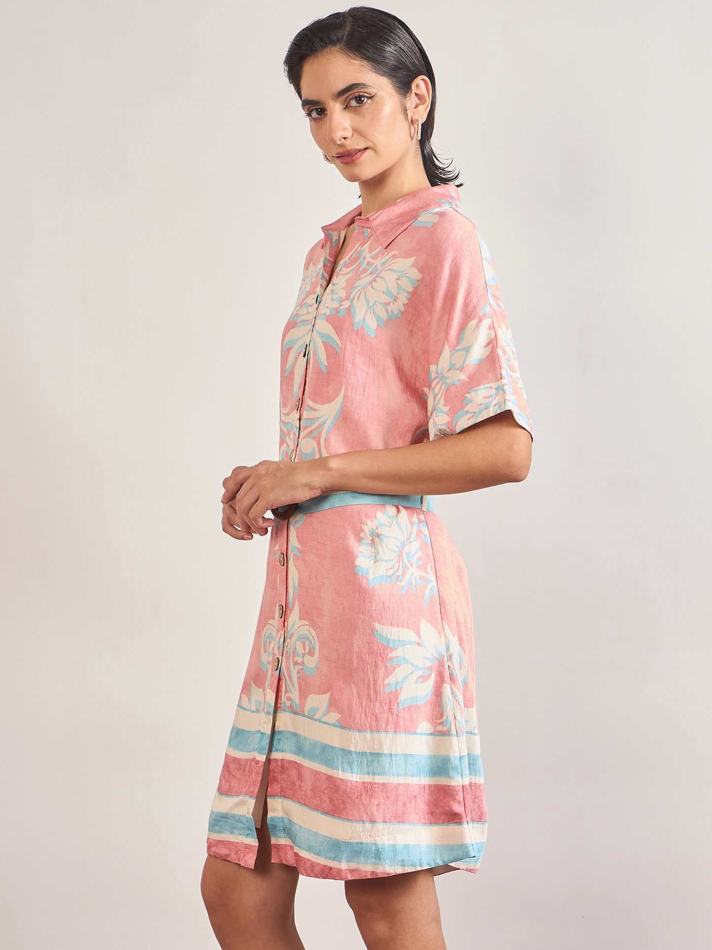 Pink Rayon Printed Classic Collar & Belt Shirt Dress